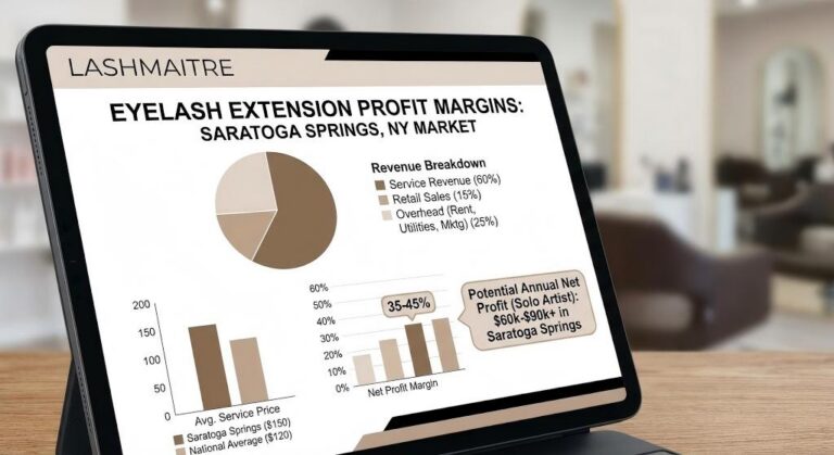 Tablet displaying LASHMAITRE financial charts analyzing profit margins and competitive saratoga springs lash salon pricing.