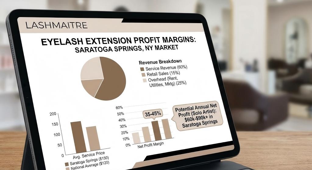 Tablet displaying LASHMAITRE financial charts analyzing profit margins and competitive saratoga springs lash salon pricing.