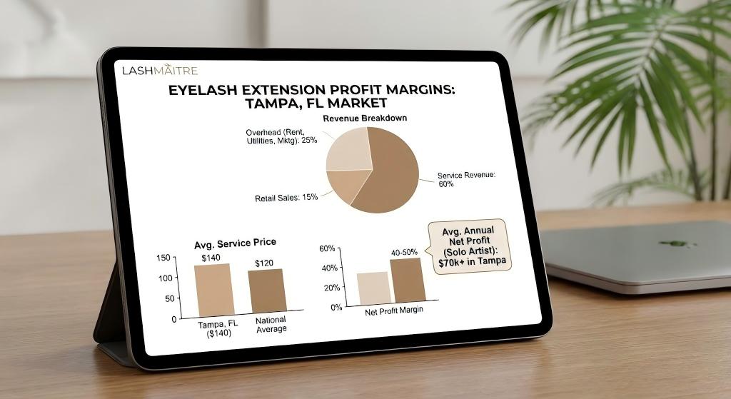 Tablet displaying LASHMAITRE financial analytics on revenue breakdowns and competitive tampa lash salon pricing.