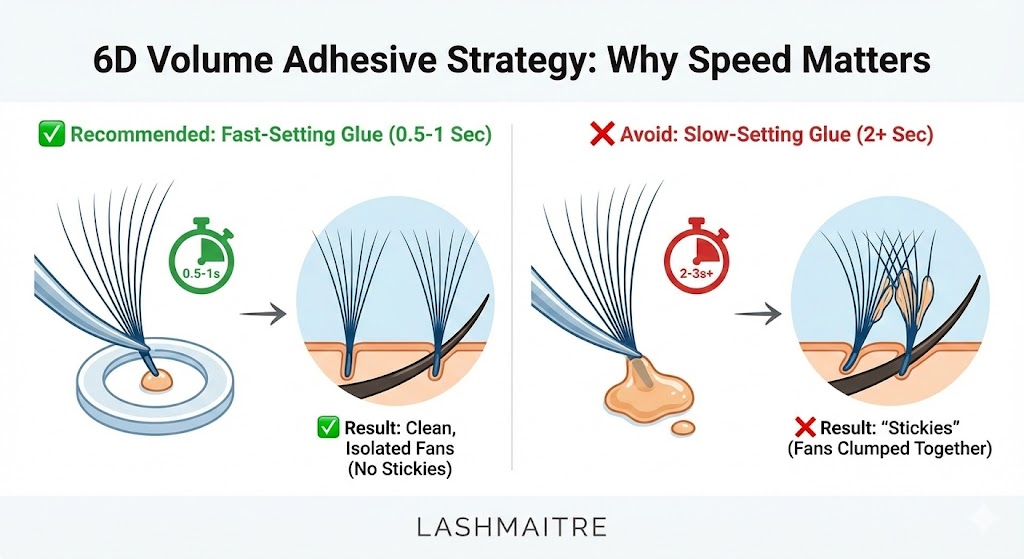 Side-by-side macro comparison of promade vs premade fans, illustrating the fan base surface area to explain the need for fast-setting adhesive to prevent stickies.