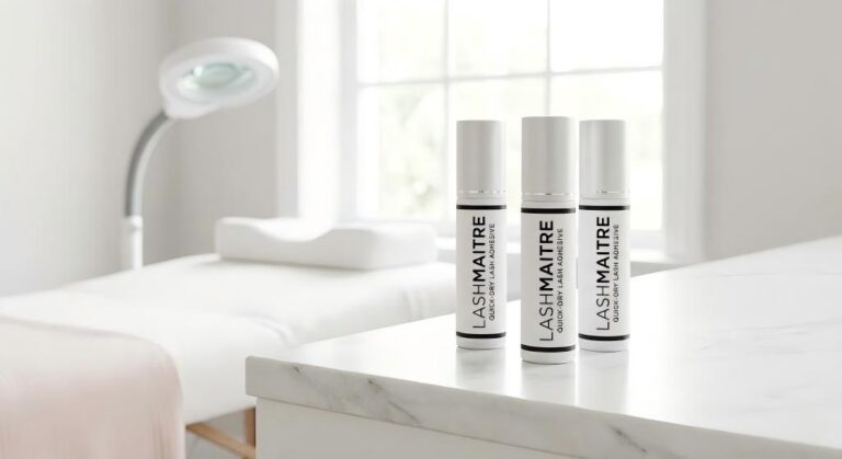 A professional display of LASHMAITRE quick-dry lash adhesive bottles in a US salon setting, designed for advanced technicians requiring 0.5-1 second drying time.