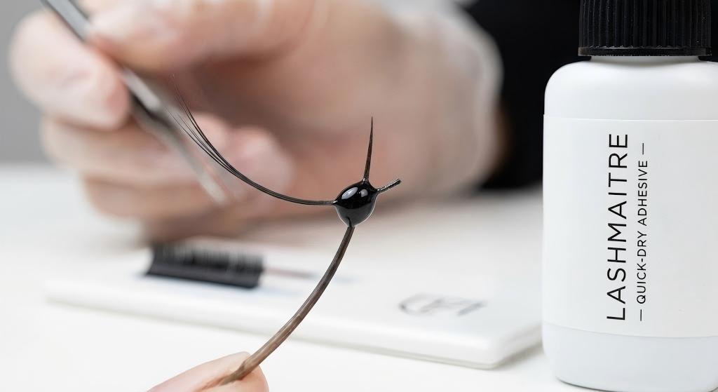 A macro photograph demonstrating the instant bonding power of LASHMAITRE quick-dry lash adhesive as a volume fan is dipped into the black glue bead.