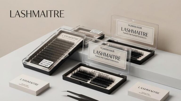 Close-up view of LASHMAITRE 100% real Human Hair Eyelash Extensions in labeled wholesale trays, highlighting the ultra-natural matte texture and fine tapered ends.