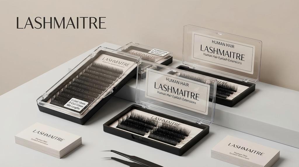 Close-up view of LASHMAITRE 100% real Human Hair Eyelash Extensions in labeled wholesale trays, highlighting the ultra-natural matte texture and fine tapered ends.