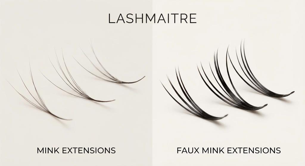 Split-screen comparison showing the texture difference between irregular real animal fur and uniform mink vs faux mink lashes, highlighting the consistent curl of the synthetic option.