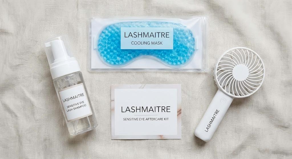 A LASHMAITRE Sensitive Eye Aftercare Kit featuring a cooling mask and shampoo, designed to soothe an eyelash extensions swollen eyelid and prevent blepharitis from lash extensions.