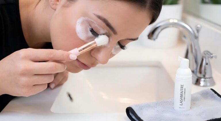A close-up photo of a woman using a soft cleansing brush and foam to gently wash off eyelash extension friendly mascara from her lashes at a bathroom sink, with a bottle of LASHMAITRE lash cleanser on the counter.