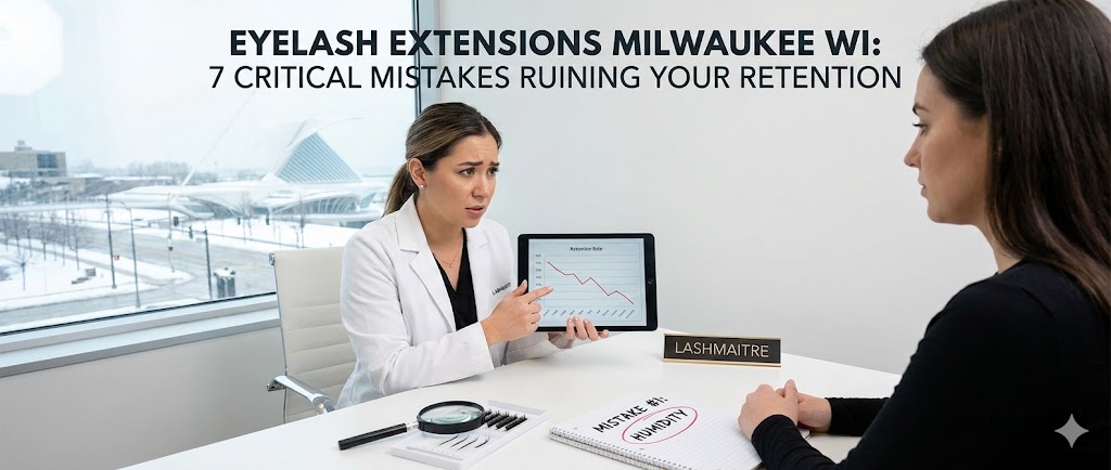 A detailed diagram or salon scene highlighting causes of premature lash shedding, serving as a guide to fixing retention issues for eyelash extensions in Milwaukee WI.