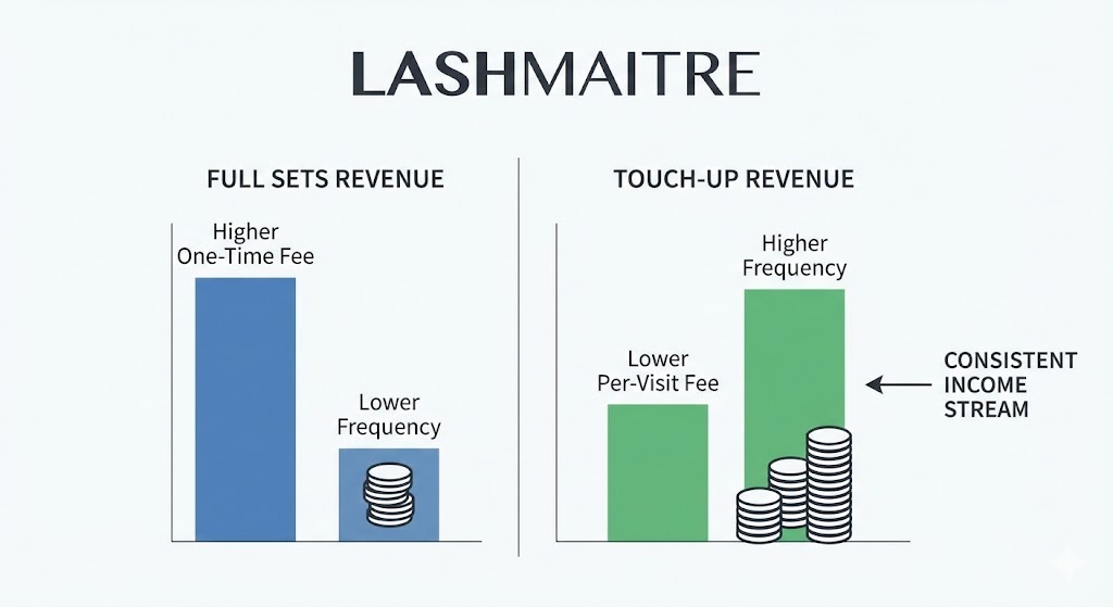 Business revenue chart comparing the financial stability of recurring lash extension refill cost income versus one-time full set payments.
