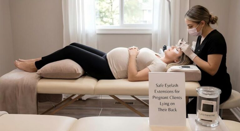 A pregnant client lying on her back with supportive pillows on a lash bed, receiving safe eyelash extensions for pregnant clients lying on their back from a technician in a LASHMAITRE salon, as indicated by a visible sign.