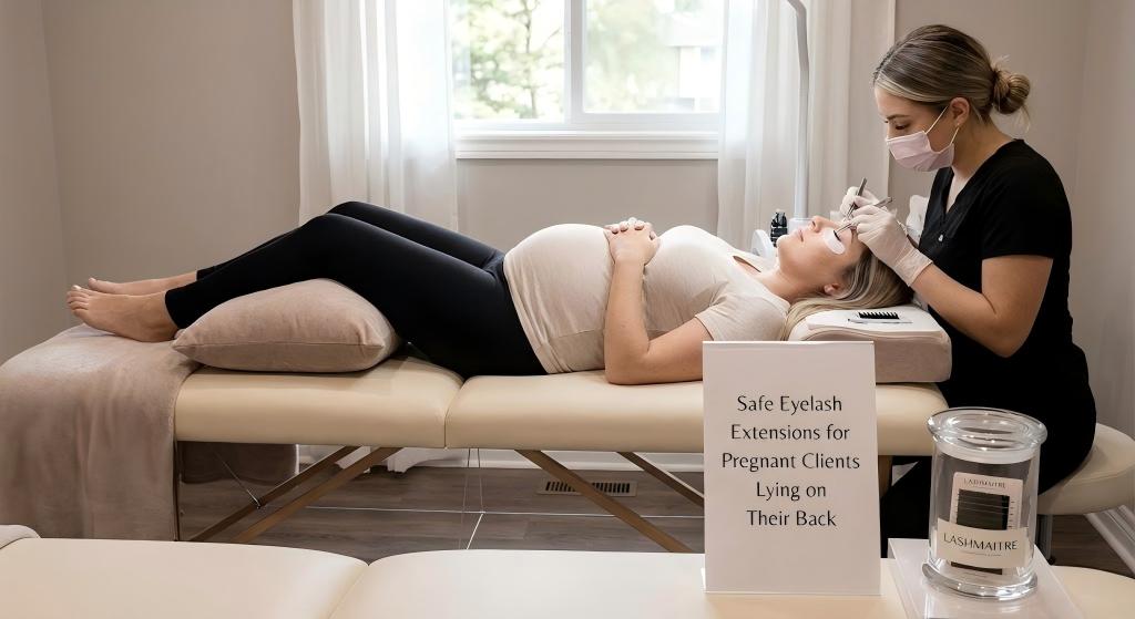 A pregnant client lying on her back with supportive pillows on a lash bed, receiving safe eyelash extensions for pregnant clients lying on their back from a technician in a LASHMAITRE salon, as indicated by a visible sign.