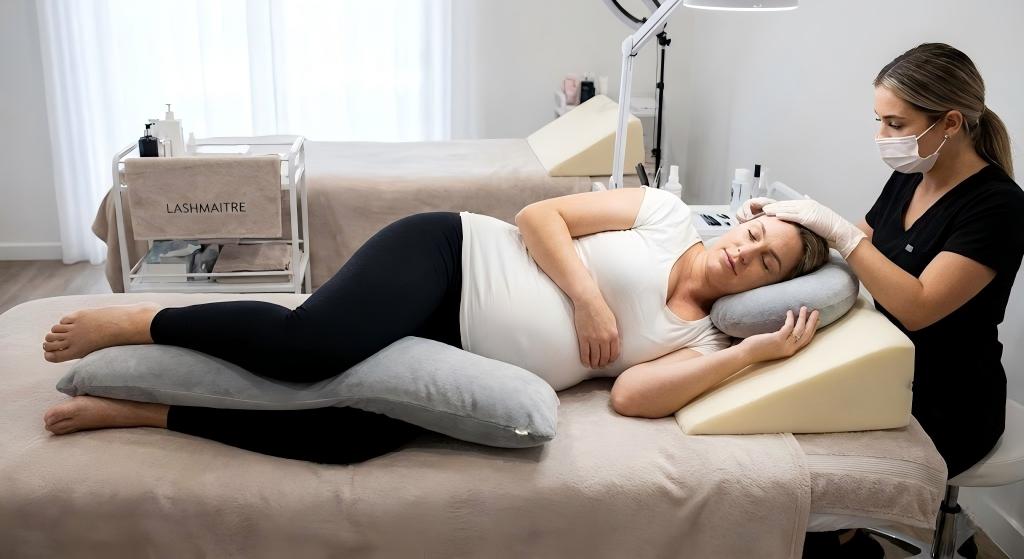 A pregnant client at LASHMAITRE comfortably positioned on her side with supportive body and wedge pillows during a professional appointment, demonstrating safe maternity lash service protocols.