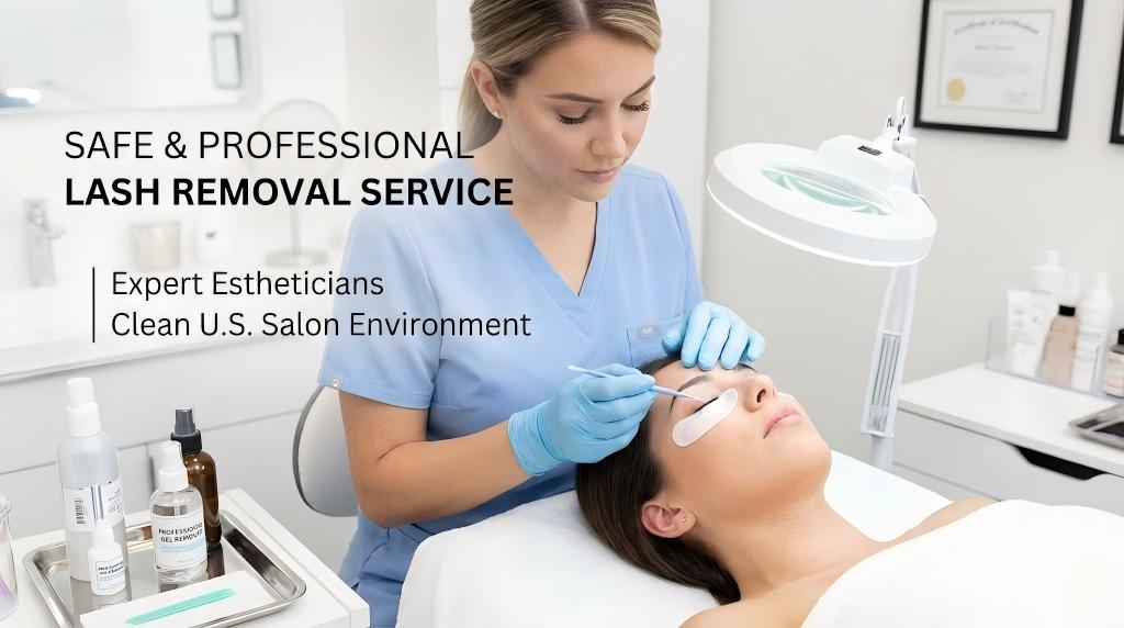 A professional female esthetician in blue scrubs and gloves carefully performing a lash removal service on a client lying down in a bright, clean U.S. salon environment. A tray with products, including a bottle labeled "Professional Gel Remover," is visible. The image features prominent text overlay that reads: "SAFE & PROFESSIONAL LASH REMOVAL SERVICE," "Expert Estheticians," and "Clean U.S. Salon Environment."