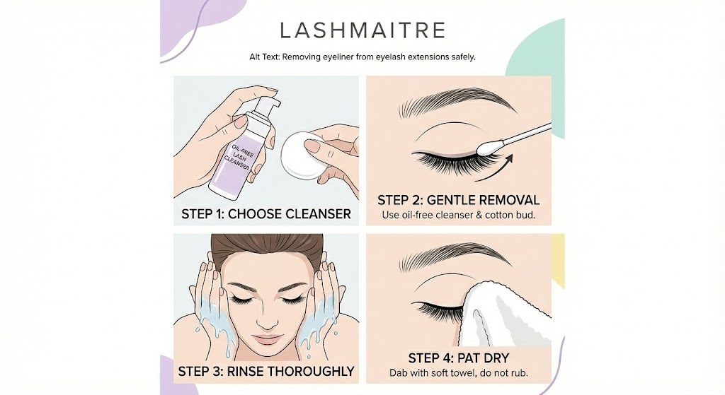 Infographic guide illustrating four steps to safely remove makeup, specifically oil-free eyeliner for lash extensions, using an oil-free cleanser, a precise cotton bud technique, thorough rinsing, and gentle patting dry to protect lash bonds.