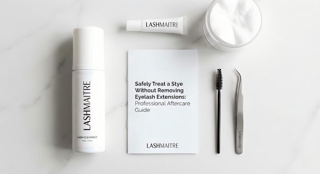 A flat lay of LASHMAITRE professional aftercare products alongside a printed guide booklet detailing exactly how to safely treat a stye without removing eyelash extensions.