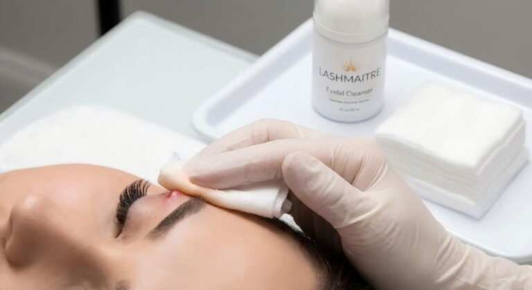 Close-up professional shot of a clean lash line, demonstrating proper hygiene techniques to safely treat a stye without removing eyelash extensions using LASHMAITRE care protocols.
