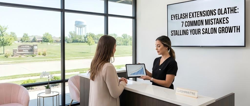 A professional salon setting illustrating the concept of business stagnation, serving as the cover for an article on common mistakes stalling growth for eyelash extensions in Olathe.