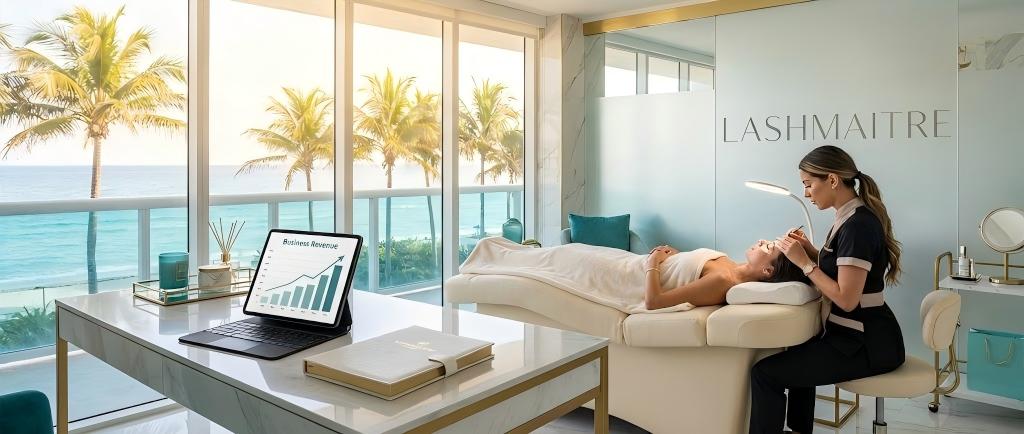 A successful, high-end salon interior representing business growth and revenue strategies for eyelash extensions in Pompano Beach, Florida.