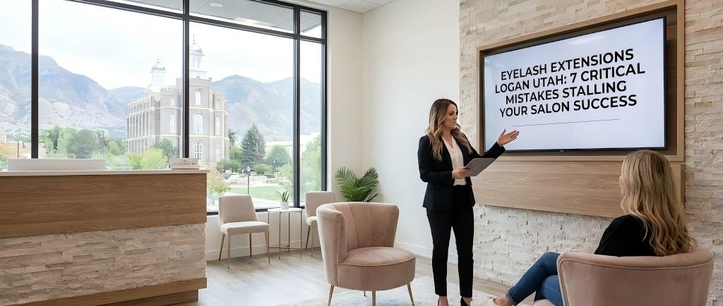 A frustrated salon owner reviewing appointment books, representing the critical business mistakes that stall success for eyelash extensions in Logan Utah.