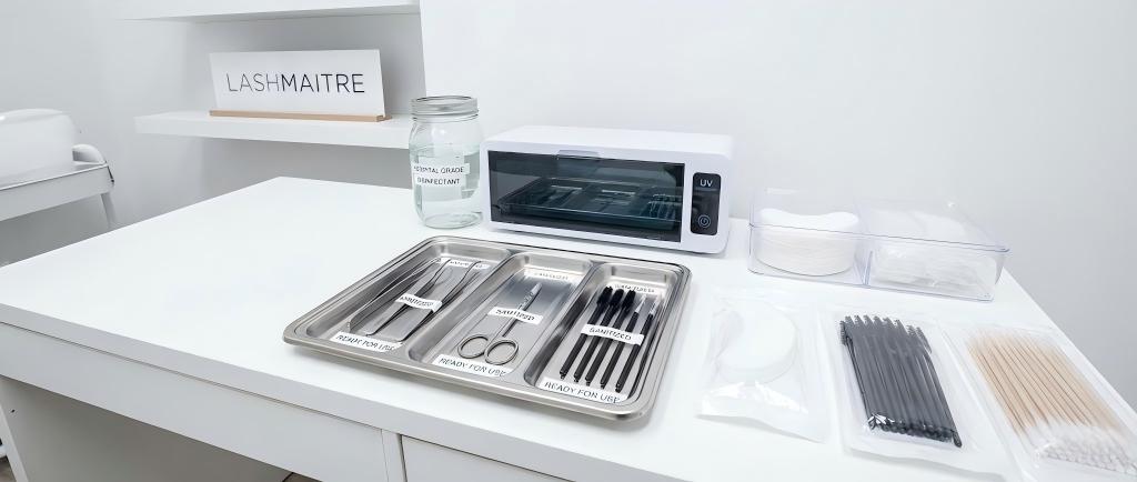 A sterile LASHMAITRE salon workstation featuring isolated and labeled tools, demonstrating the strict hygiene protocols necessary to prevent eye infections caused by eyelash extensions in salons.