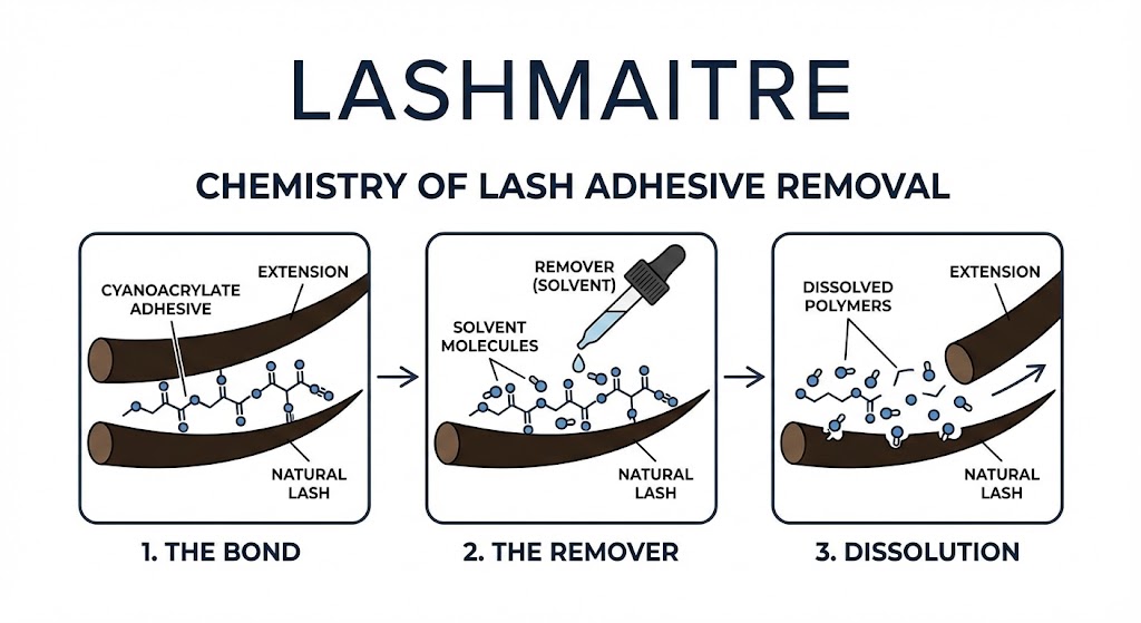 Educational infographic by LASHMAITRE illustrating the science of lash glue removal, showing the chemical breakdown of cyanoacrylate bonds by solvent molecules in three steps.
