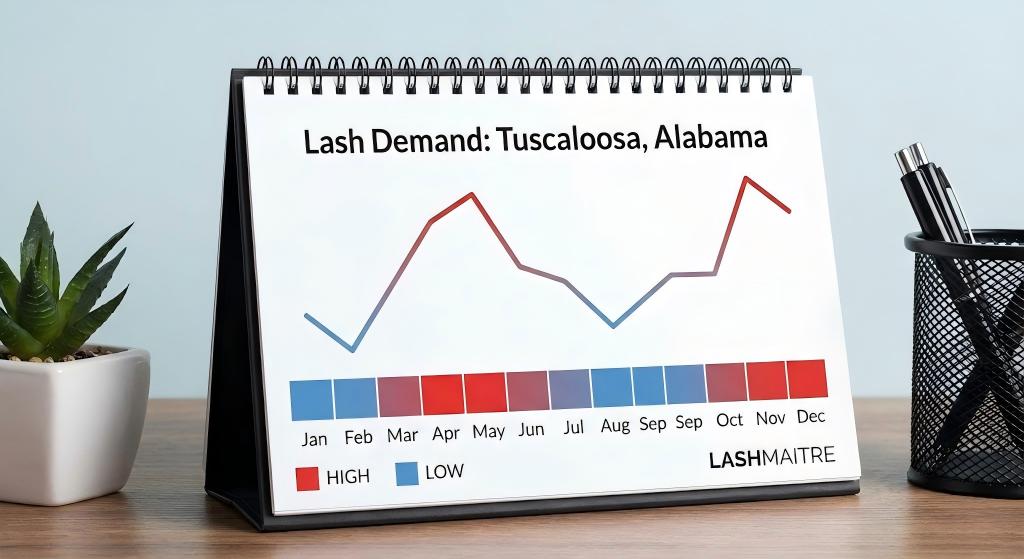 A LASHMAITRE marketing calendar graph showing seasonal high-demand periods for eyelash extensions Tuscaloosa Alabama, specifically around graduation and holidays.