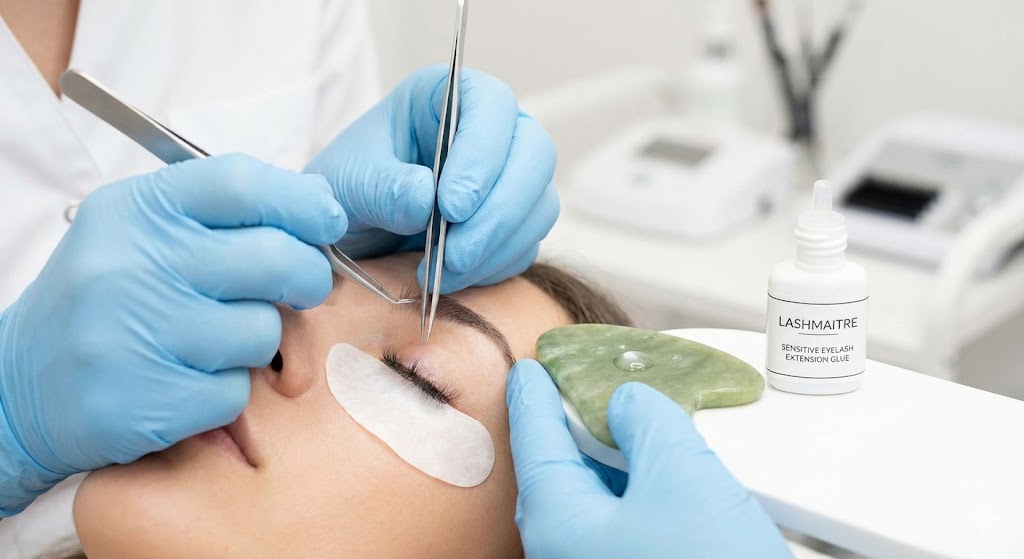 A professional lash technician with blue gloves is performing a sensitive eye lash glue application on a client, using LASHMAITRE Sensitive Eyelash Extension Glue and a jade stone.