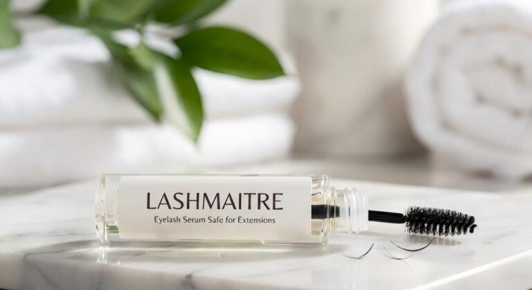 A LASHMAITRE professional eye care kit (fan, saline, mask) displayed as the perfect preparation step to ensure a healthy lash line before applying eyelash serum safe for extensions.