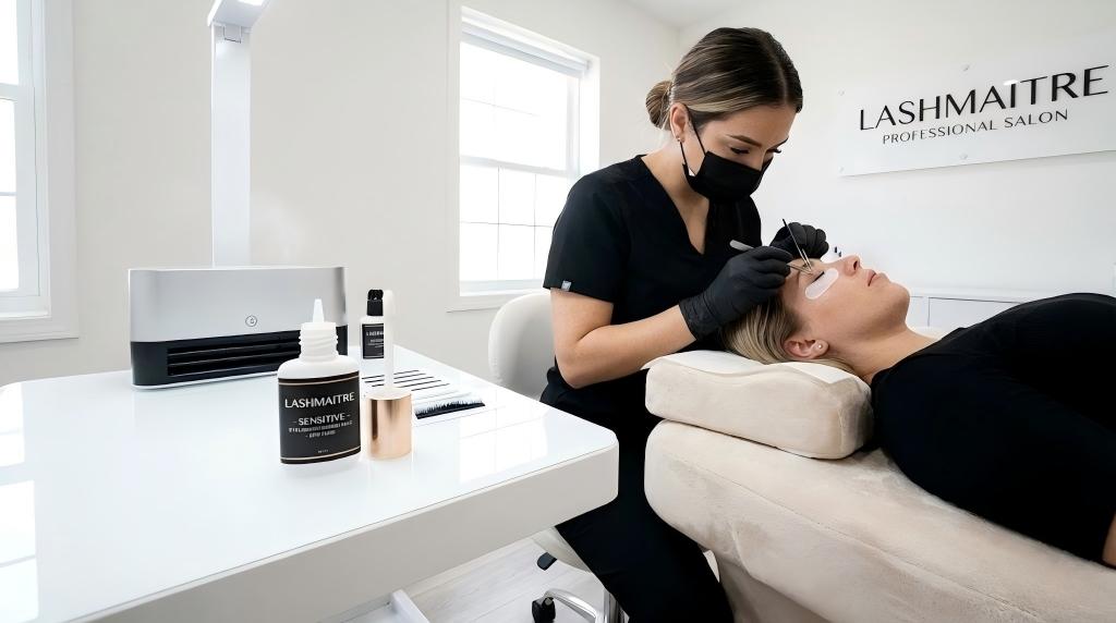 A professional lash technician applying extensions in a clean salon setting using LASHMAITRE sensitive eyelash extension glue, with a fume extractor visible for low-fume protocols.