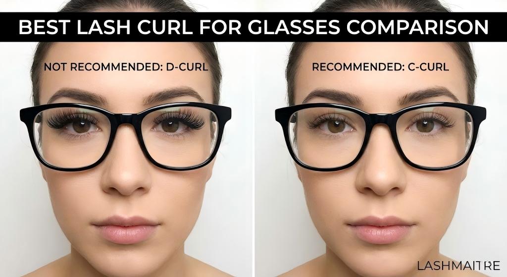 A LASHMAITRE side-by-side comparison demonstrating why short lashes for glasses (specifically C-curl) are recommended over long D-curl lashes that brush against the lenses.