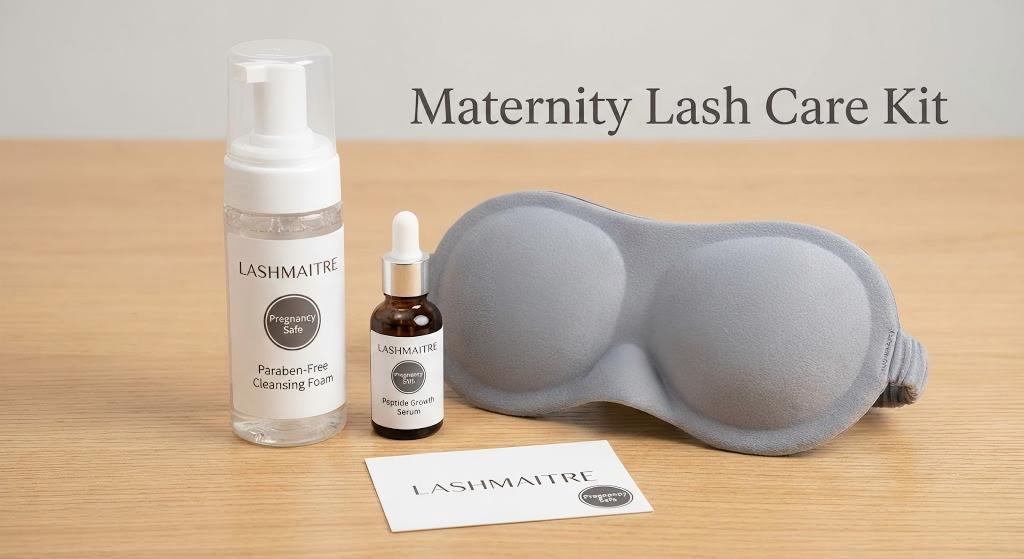 A professional lash technician at LASHMAITRE performing the side lying lash technique on a pregnant client, who is comfortably supported by a body pillow and a wedge pillow on a treatment bed.