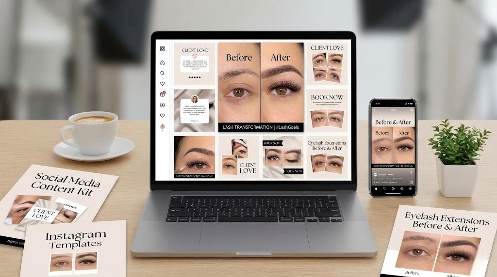 A professional social media content kit mockup including a laptop and smartphone displaying Instagram feeds with prominent eyelash extensions before and after transformation posts and printed templates.