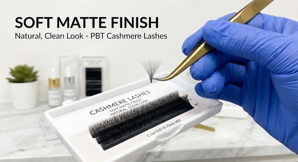 Macro close-up of Lashmaitre cashmere lashes showing a soft matte finish on black PBT eyelash extensions for a natural clean look