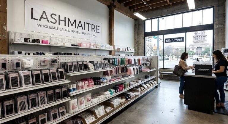 Interior of the LASHMAITRE wholesale store in Austin, supplying the premium products behind the best eyelash extensions Austin TX artists offer.