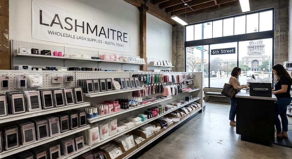 Interior of the LASHMAITRE wholesale store in Austin, supplying the premium products behind the best eyelash extensions Austin TX artists offer.