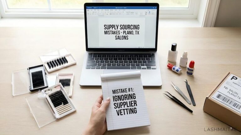 A concerned salon owner performing quality control on inventory, illustrating critical supply sourcing mistakes made by businesses offering eyelash extensions in Plano TX.