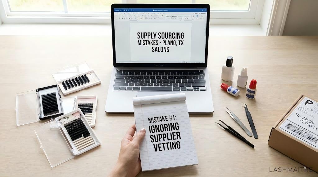A concerned salon owner performing quality control on inventory, illustrating critical supply sourcing mistakes made by businesses offering eyelash extensions in Plano TX.