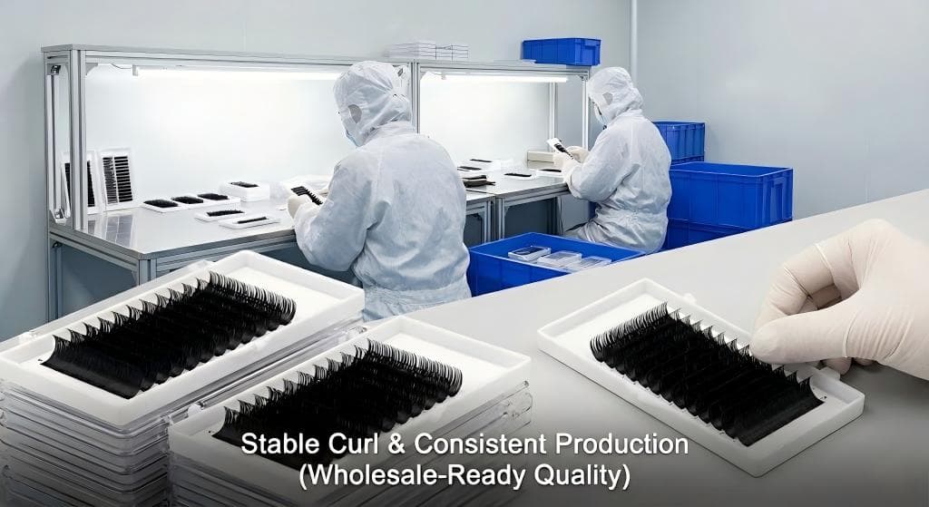 Lashmaitre Easy Fans lashes wholesale showing black PBT easy fan volume lash extensions with stable curl and consistent tray alignment for bulk production