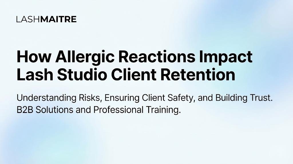Infographic explaining why clients become suddenly allergic to eyelash extensions, showing eye irritation causes and professional B2B hypoallergenic solutions by LASHMAITRE.