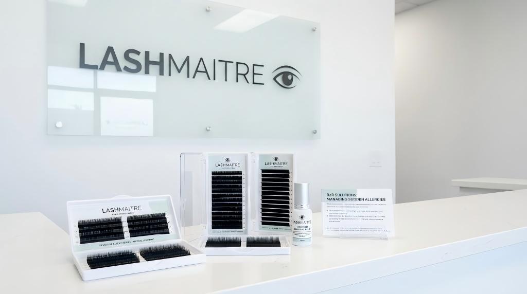 Professional display of LASHMAITRE hypoallergenic lash trays and low-fume sensitive glue alongside a sign detailing B2B solutions for clients suddenly allergic to eyelash extensions.