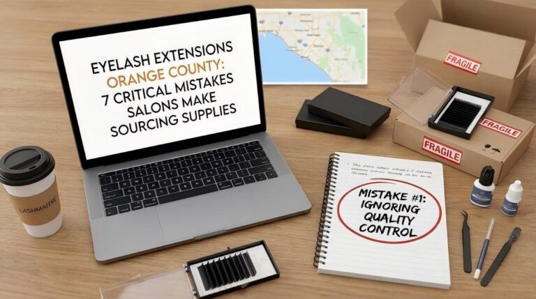 A salon owner performing a quality check on professional supplies, illustrating the critical sourcing mistakes to avoid in the competitive market of eyelash extensions in Orange County.