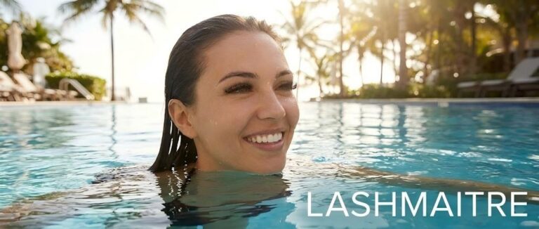 A woman swimming underwater with LASHMAITRE eyelash extensions remaining intact and fluffy, demonstrating that swimming with eyelash extensions is safe with high-quality waterproof adhesive.
