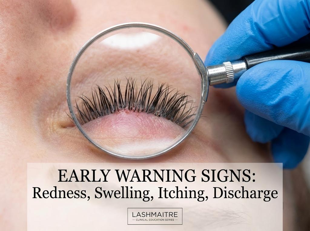 Clinical close-up of an irritated eye with extensions, highlighting specific warning signs like redness and swelling associated with eye infections from eyelash extensions for educational purposes.