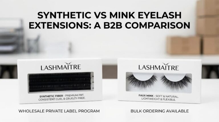 Comparison display of synthetic vs mink eyelash extensions in LASHMAITRE private label packaging, visually demonstrating differences in texture and sheen for B2B buyers.