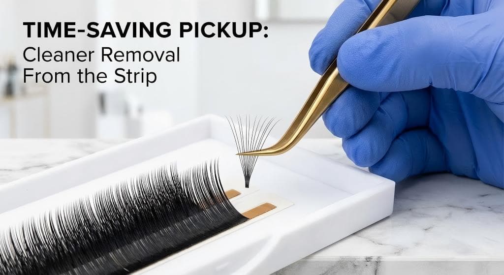 Lashmaitre Easy Fans lashes wholesale showing clean pickup and easy removal of black PBT easy fan volume lash extensions from the strip with tweezers