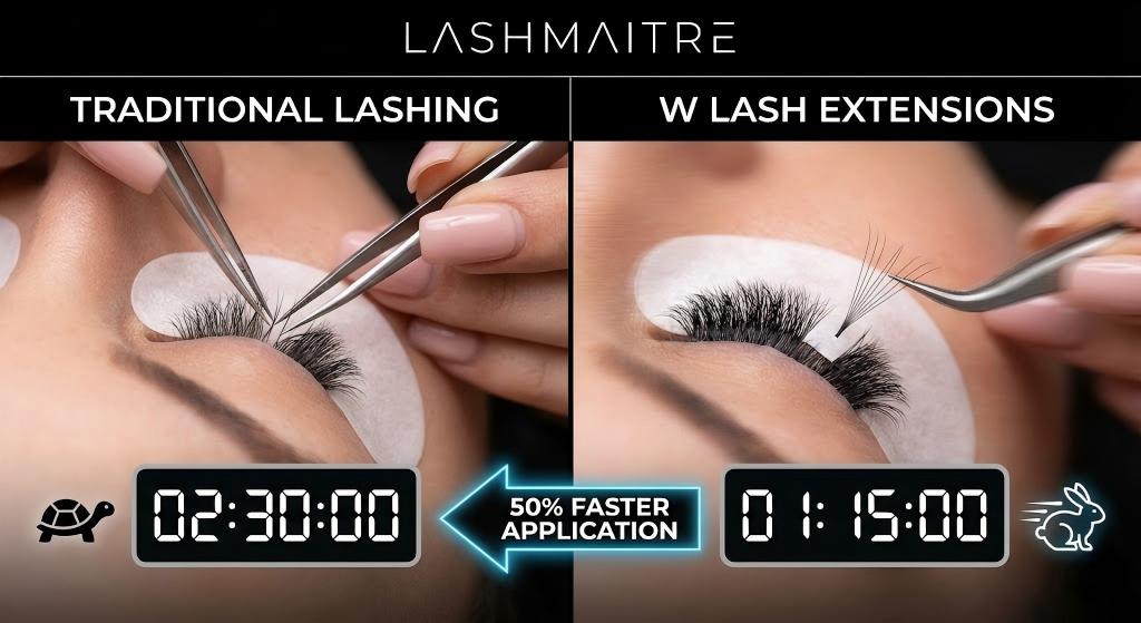 Split-screen infographic by LASHMAITRE comparing traditional lashing time (2h 30m) versus W lash extensions time (1h 15m) to illustrate fast lash application techniques.