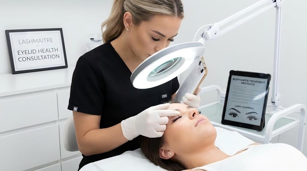Close-up of a LASHMAITRE professional assessing a client's eyelid health during a consultation, discussing proper hygiene to manage and treat blepharitis when wearing eyelash extensions.