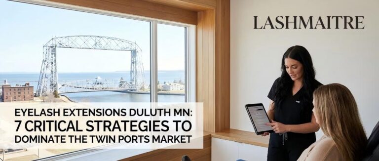 A strategic business guide cover titled '7 Critical Strategies to Dominate the Twin Ports Market', featuring the iconic Aerial Lift Bridge background, for salon owners offering eyelash extensions in Duluth MN.