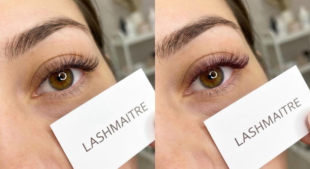 Side-by-side comparison showing the best lash color for brown eyes: LASHMAITRE dark lashes (left) versus burgundy two tone eyelash extensions (right), demonstrating warmth and dimension.