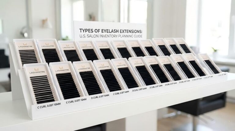 A professional display of LASHMAITRE lash trays organized by curl, length, and thickness, showcasing various types of eyelash extensions for US salon inventory planning.
